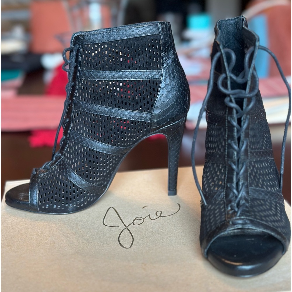 Joie black perforated leather peep toe lace-up booties - size 37